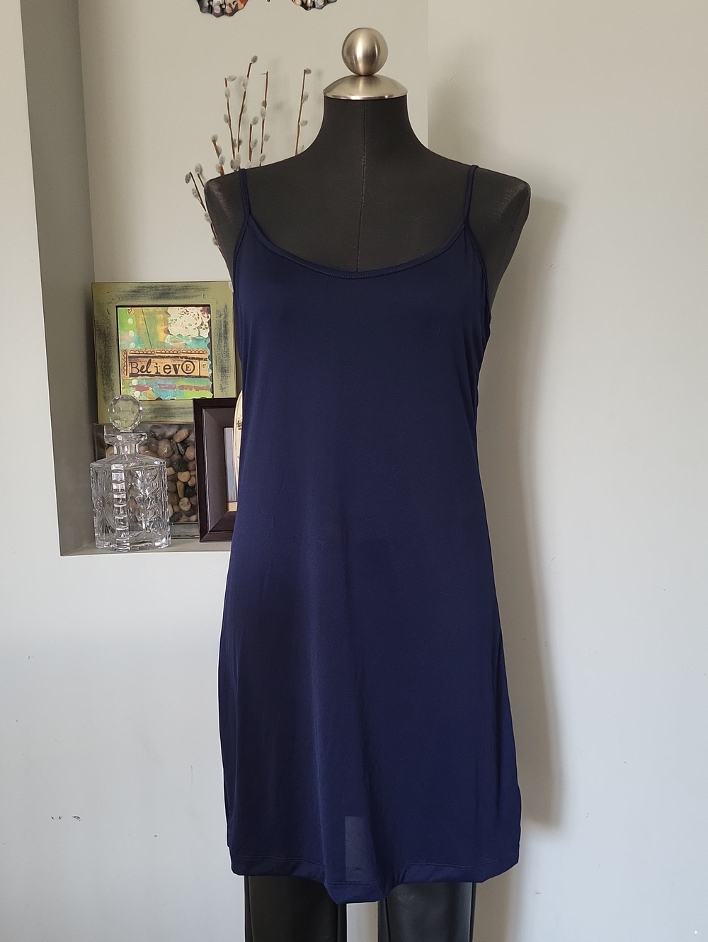 Classic Navy Slip Chemise with Adjustable Spaghetti Straps Size Medium
